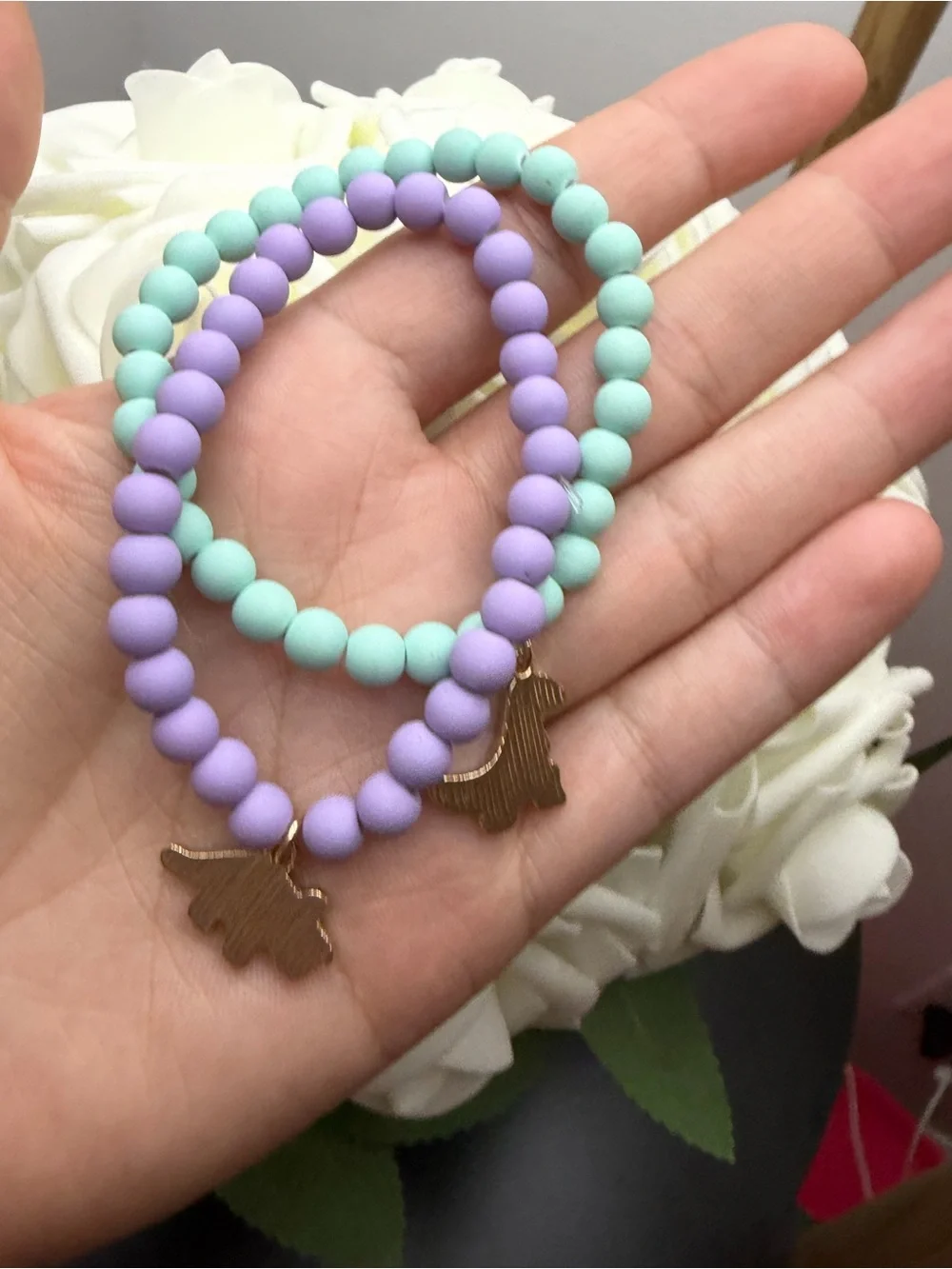 Kids Beaded Dinosaur Charm Bracelet Set - Mint & Lavender